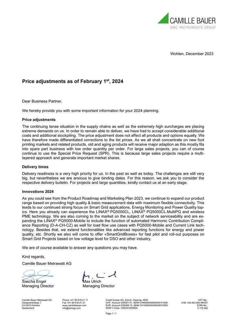 CB產(chǎn)品價格調(diào)整說明